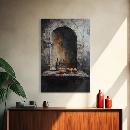 Medieval Kitchen Wall Art, Rustic Home Decor, Framed Canvas Print, Kitchen Home Decor, Dining Room Wall Art, Wine and Fruit Still Life Painting