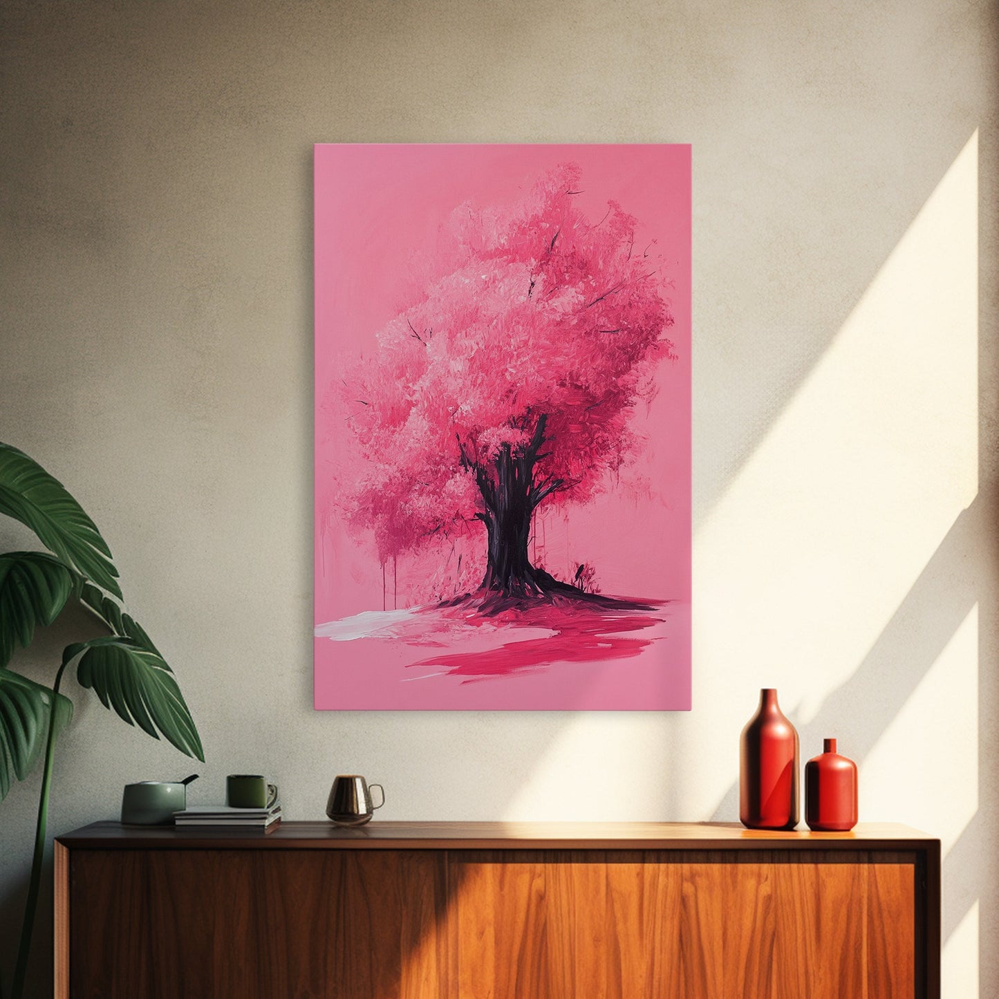 Pink Maple Tree Preppy Painting Print, Girl's Dorm Room Wall Art Home Decor, Trendy Wall Art, Pink Decor