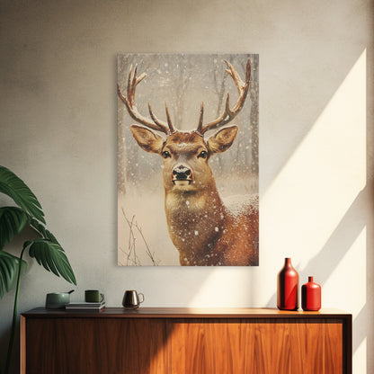 Portrait of a Deer in Winter, Framed Canvas print, Winter Decor, Winter Not Christmas Wall Art, Seasonal Decor
