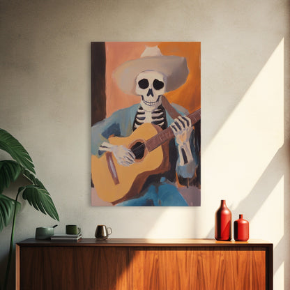 Canvas Print of a Sekelton Cowboy Guitar Player - Chicano Art - Wood Framed Canvas - Original Art