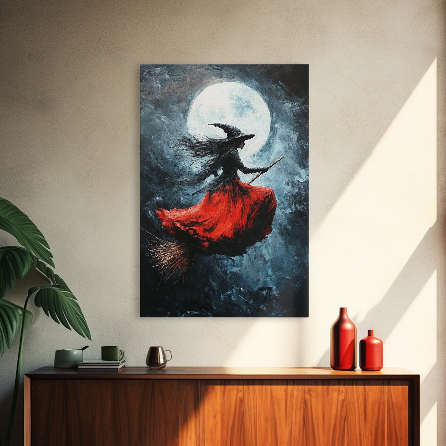 The Witch Rides her Broom under a full moon - Framed Canvas Print - Witchy Decor - Witch Painting - Halloween Wall Art