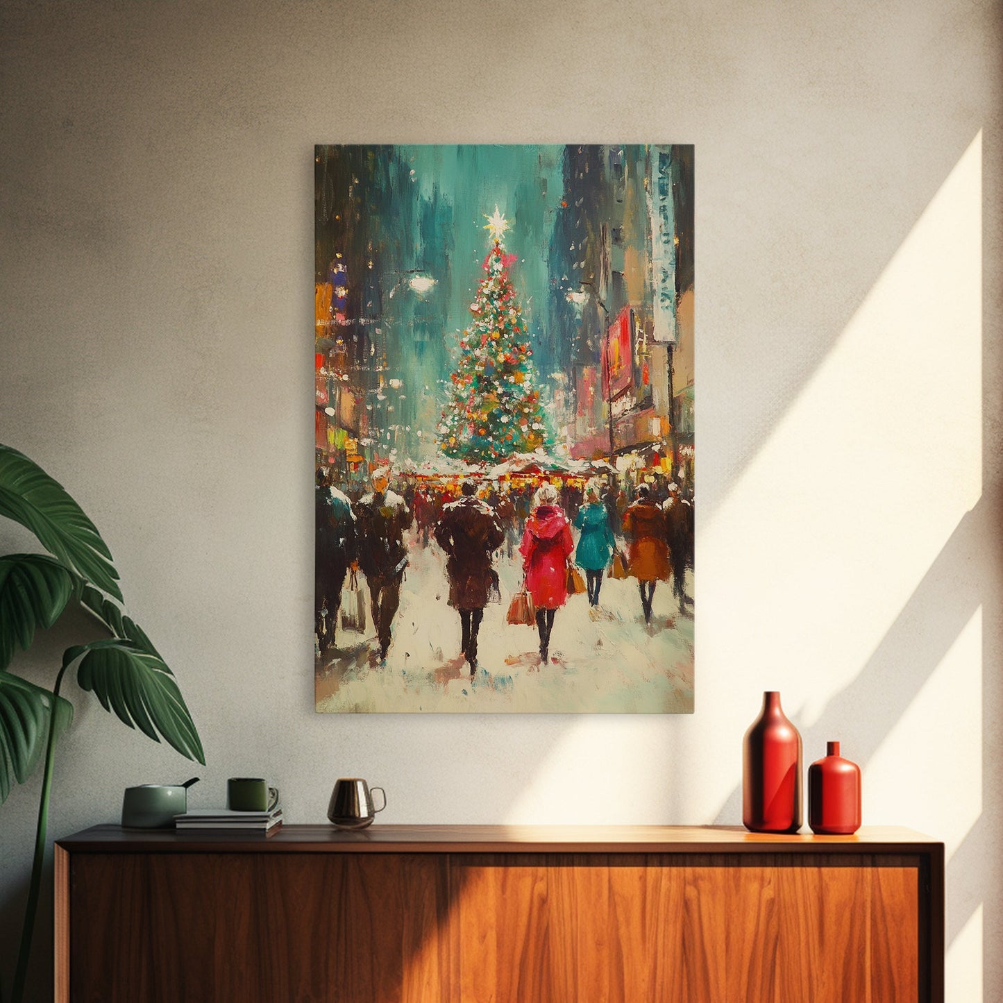 Christmas on The Town Square Framed Canvas Print, Wood Framed Christmas Decor, Holiday Mantle Art, Christmas Centerpiece Wall Art