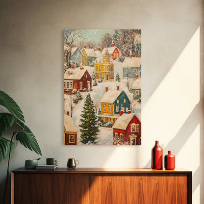 Retro Christmas Village Wall Art For Above Mantle, Framed Canvas Print, Christmas Home Decor, Christmas Wall Art, Christmas Postcard Art