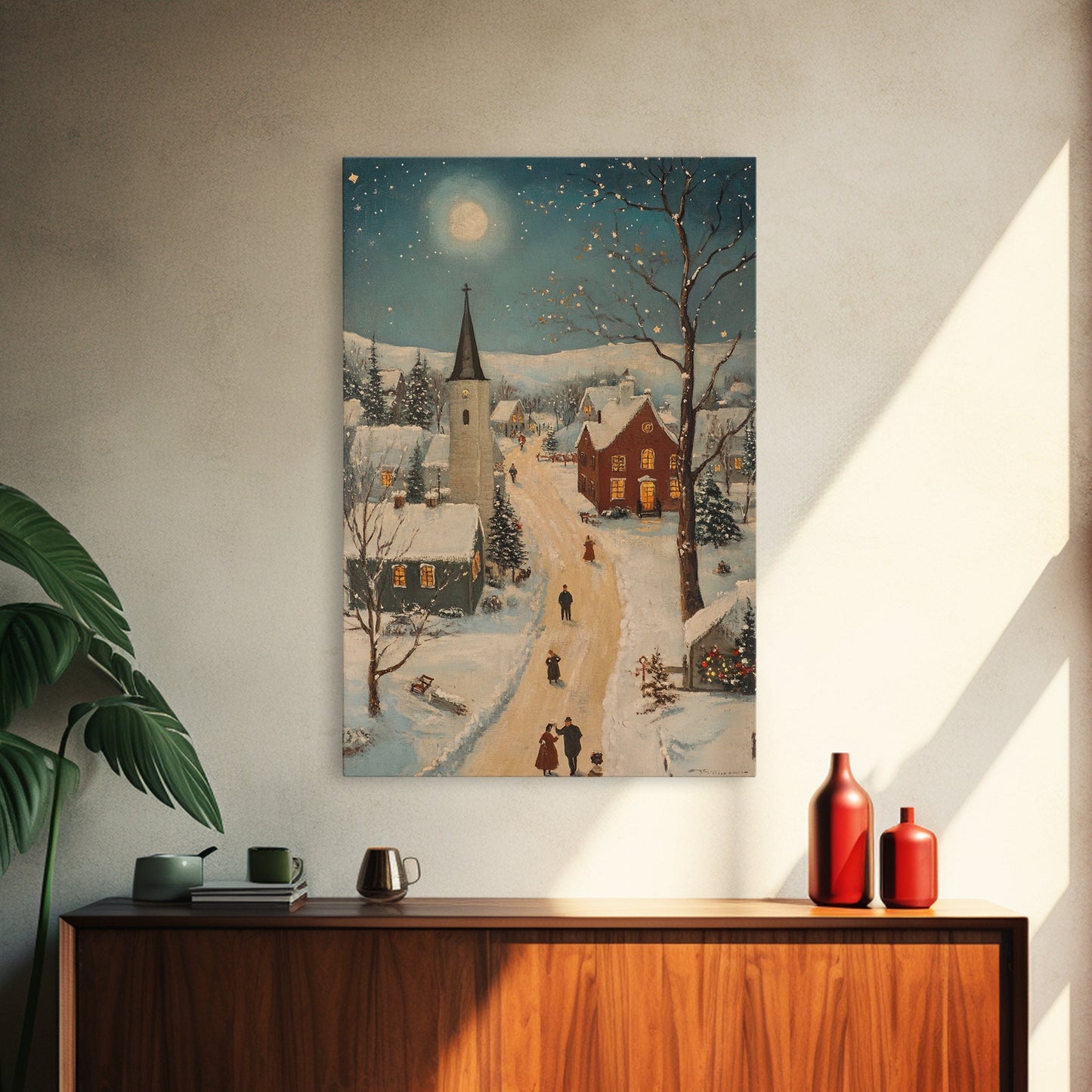 Full Moon on Christmas Even, Framed Canvas Print, Vintage Christmas Oil Painting Print, Christmas Village Wall Art, Christmas Sign, Christmas Art