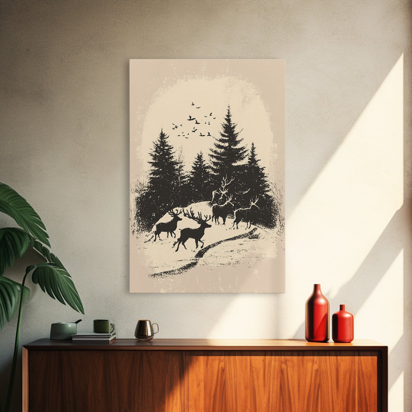 Sketch of Reindeer In The Snow Canvas Print - Framed Canvas - Minimalist Christmas Art - Boho Christmas Art - Rustic Christmas Art