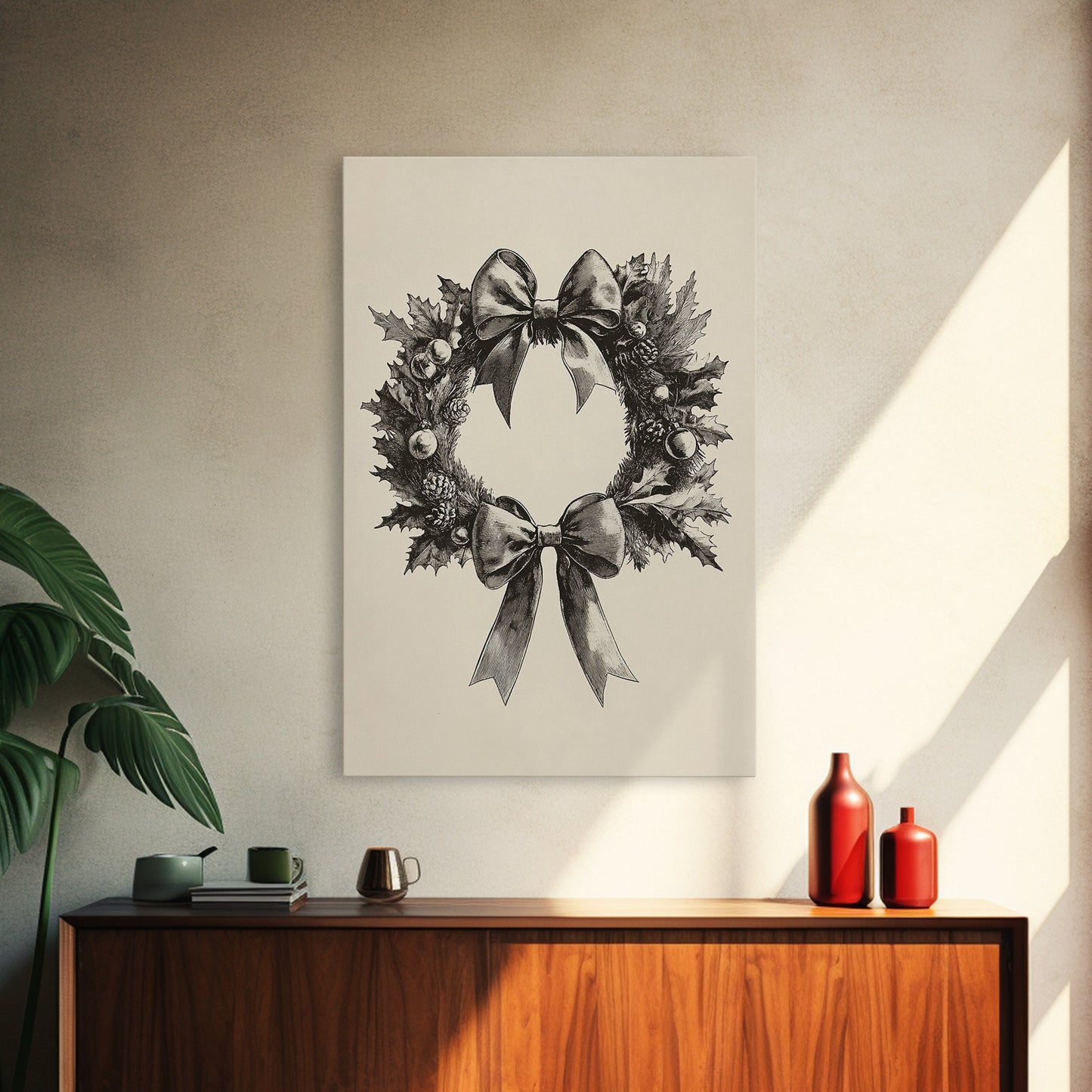 Sketch of a Christmas Wreath Canvas Print - Framed Canvas - Minimalist Christmas Art - Boho Christmas Art - Rustic Christmas Art