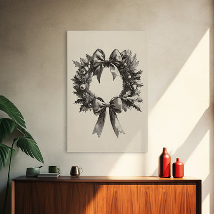 Sketch of a Christmas Wreath Canvas Print - Framed Canvas - Minimalist Christmas Art - Boho Christmas Art - Rustic Christmas Art