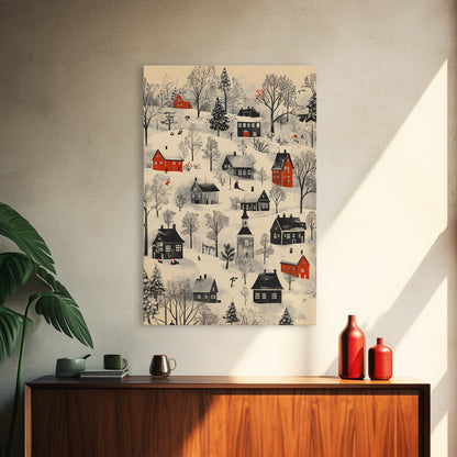Sketch of a Christmas Village Canvas Print - Framed Canvas - Minimalist Christmas Art - Boho Christmas Art - Rustic Christmas Art