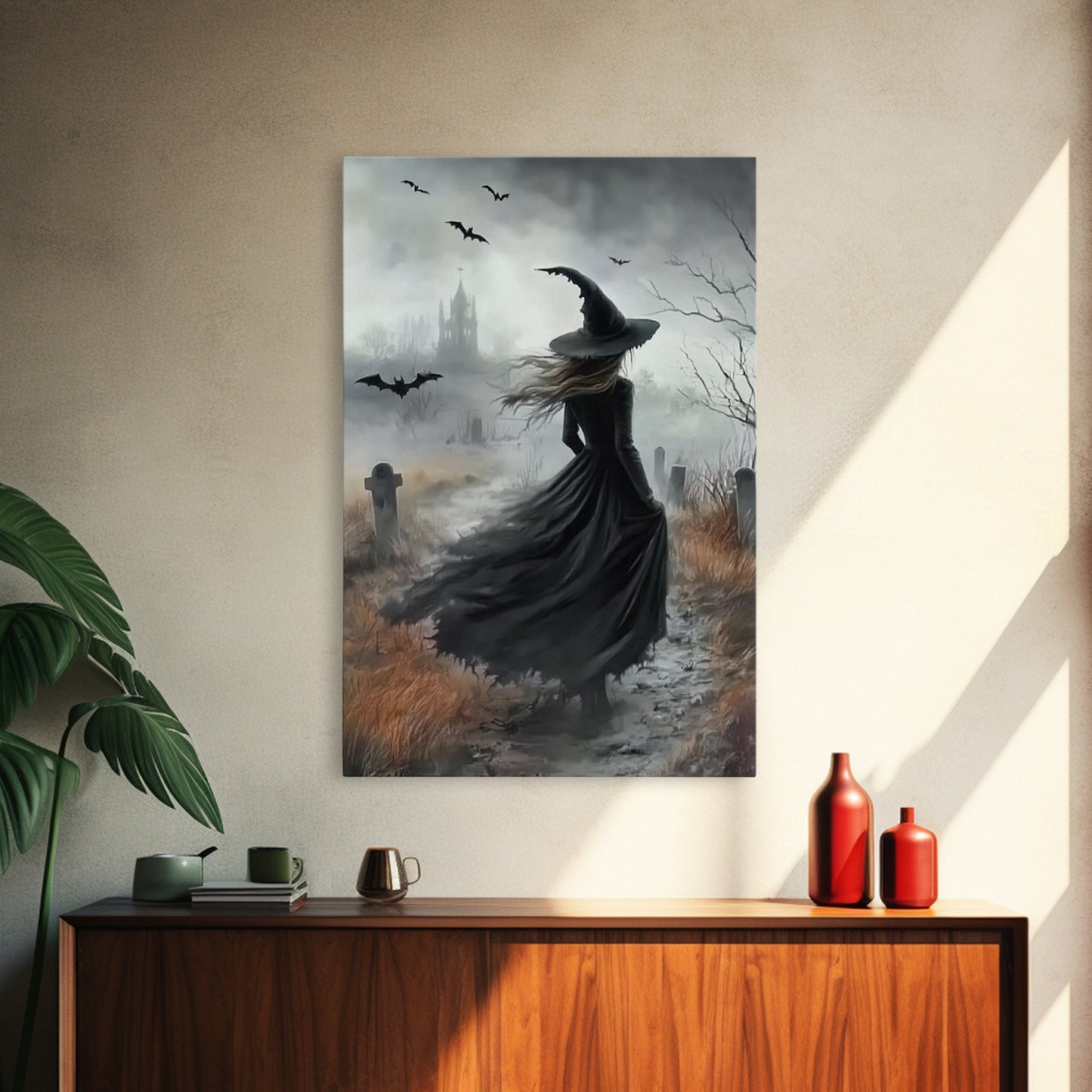Gothic Oil Painting Print Of a Witch in a Grave Yard, Framed Canvas Print, Dark Academia, Gothic Art, Goth Decor, Halloween Wall Art