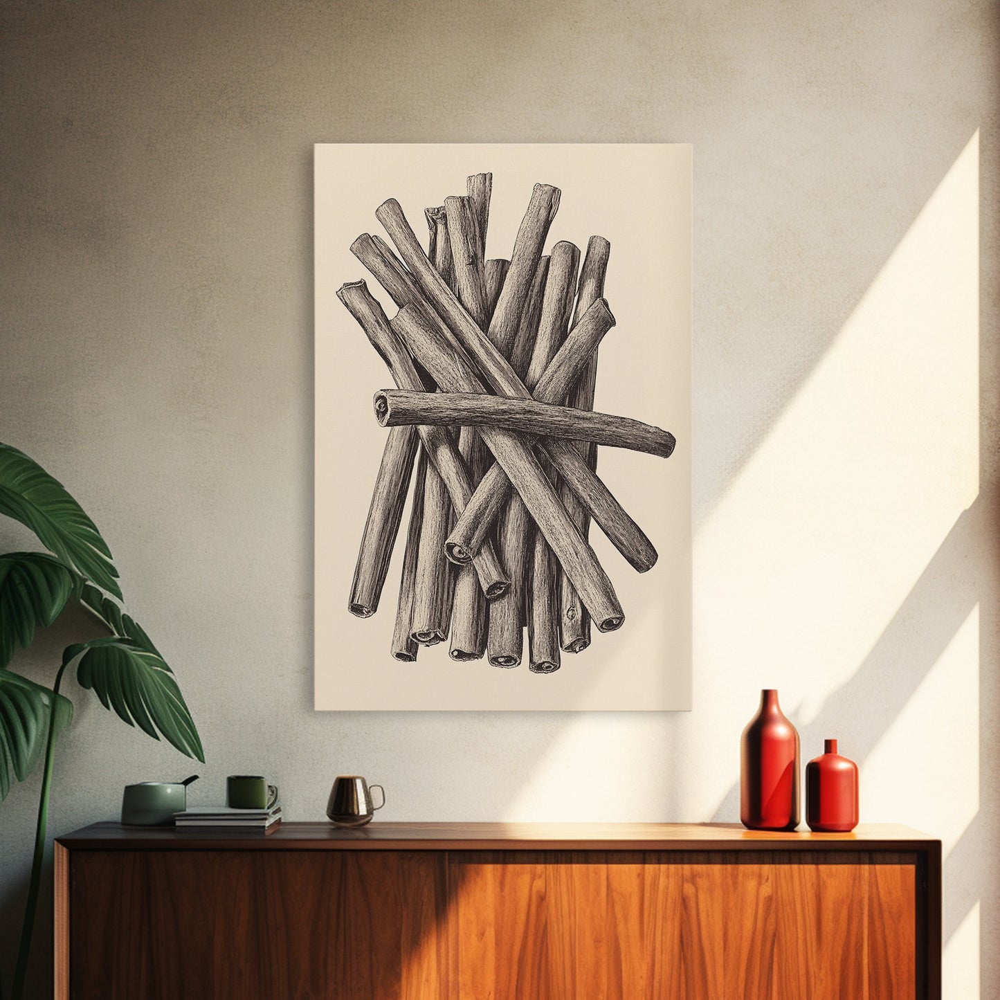 Retro Cinnamon Sticks Canvas Print - Framed Canvas - Minimalist Christmas Art - Boho Christmas Art - Rustic Christmas Art