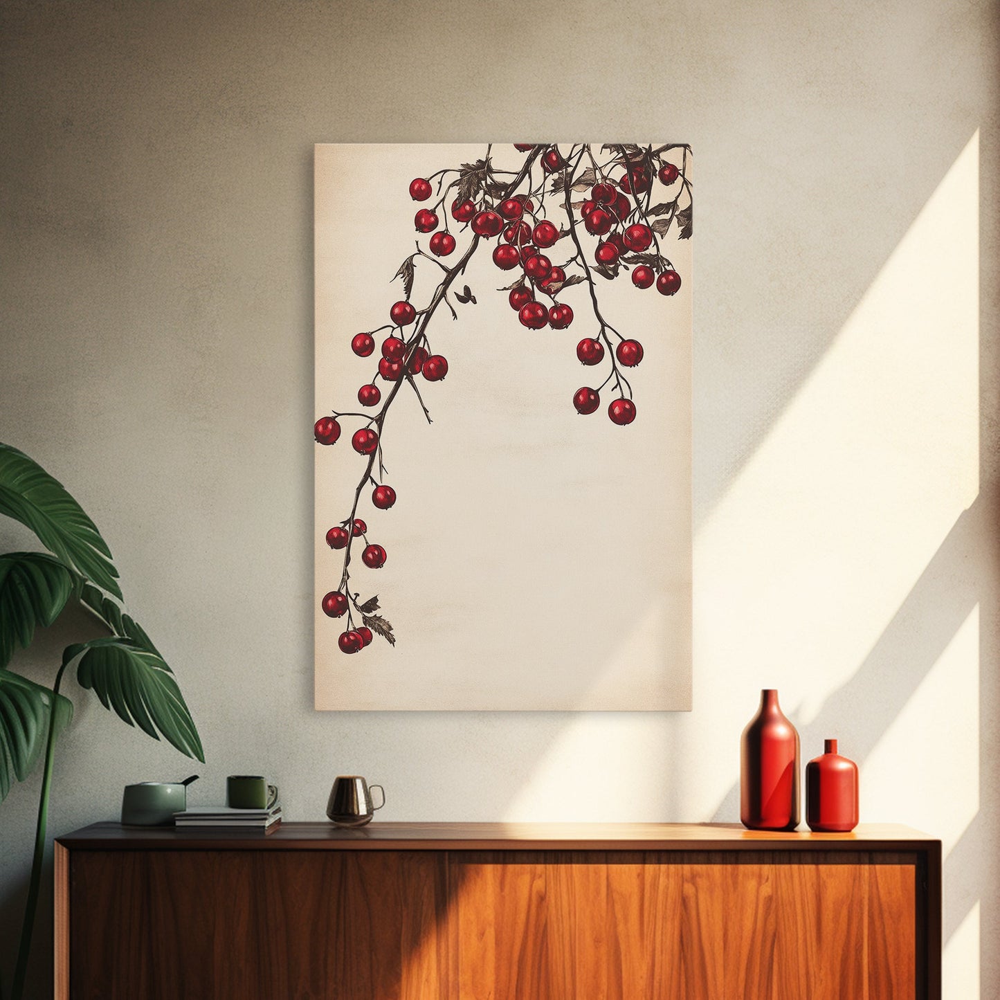 Red Holly Berries Canvas Print - Framed Canvas - Minimalist Christmas Art - Boho Christmas Art - Rustic Christmas Art