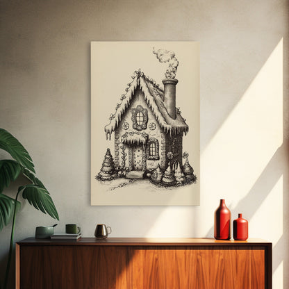Vintage Gingerbread House Canvas Print - Framed Canvas - Minimalist Christmas Art - Boho Christmas Art - Rustic Christmas Art