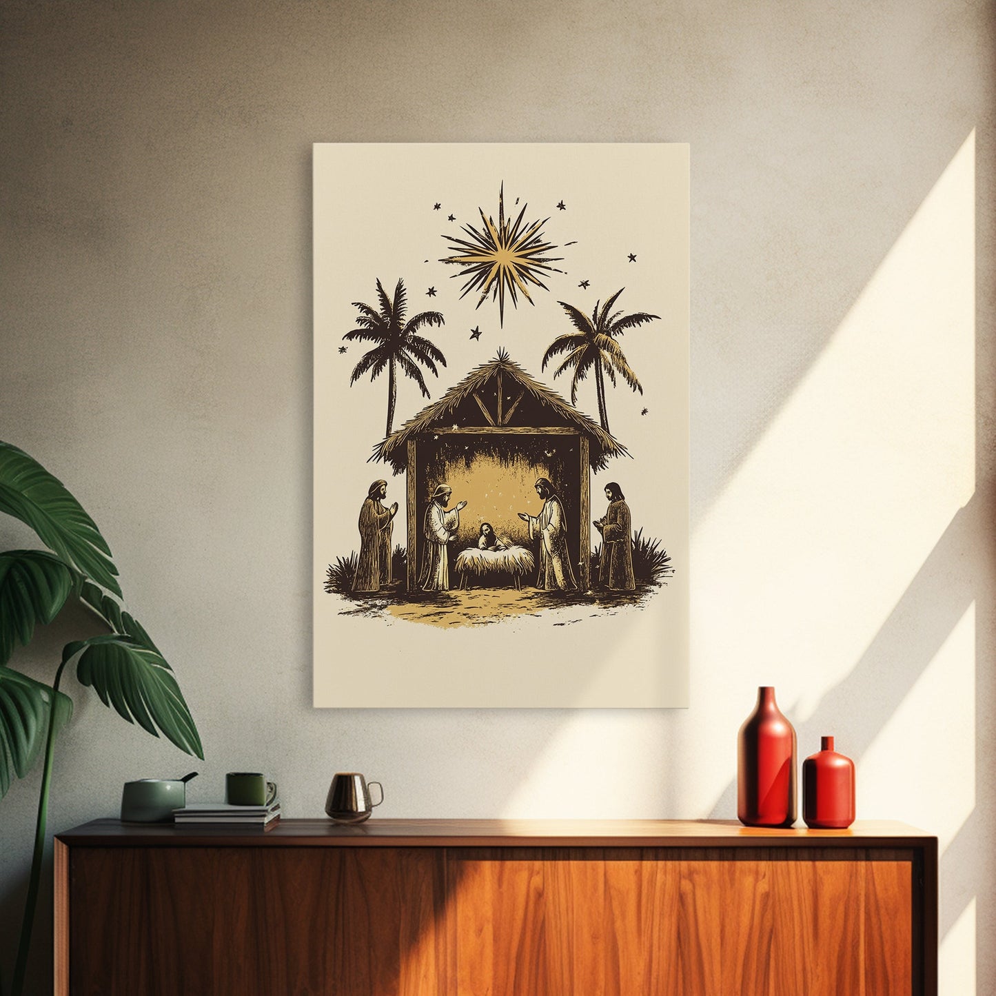 Vintage Nativity Scene Canvas Print - Framed Canvas - Minimalist Christmas Art - Boho Christmas Art - Rustic Christmas Art