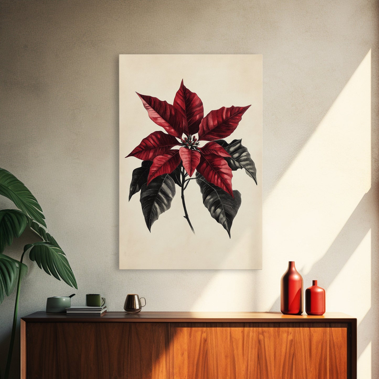 Christmas Poinsetta Canvas Print - Framed Canvas - Minimalist Christmas Art - Boho Christmas Art - Rustic Christmas Art