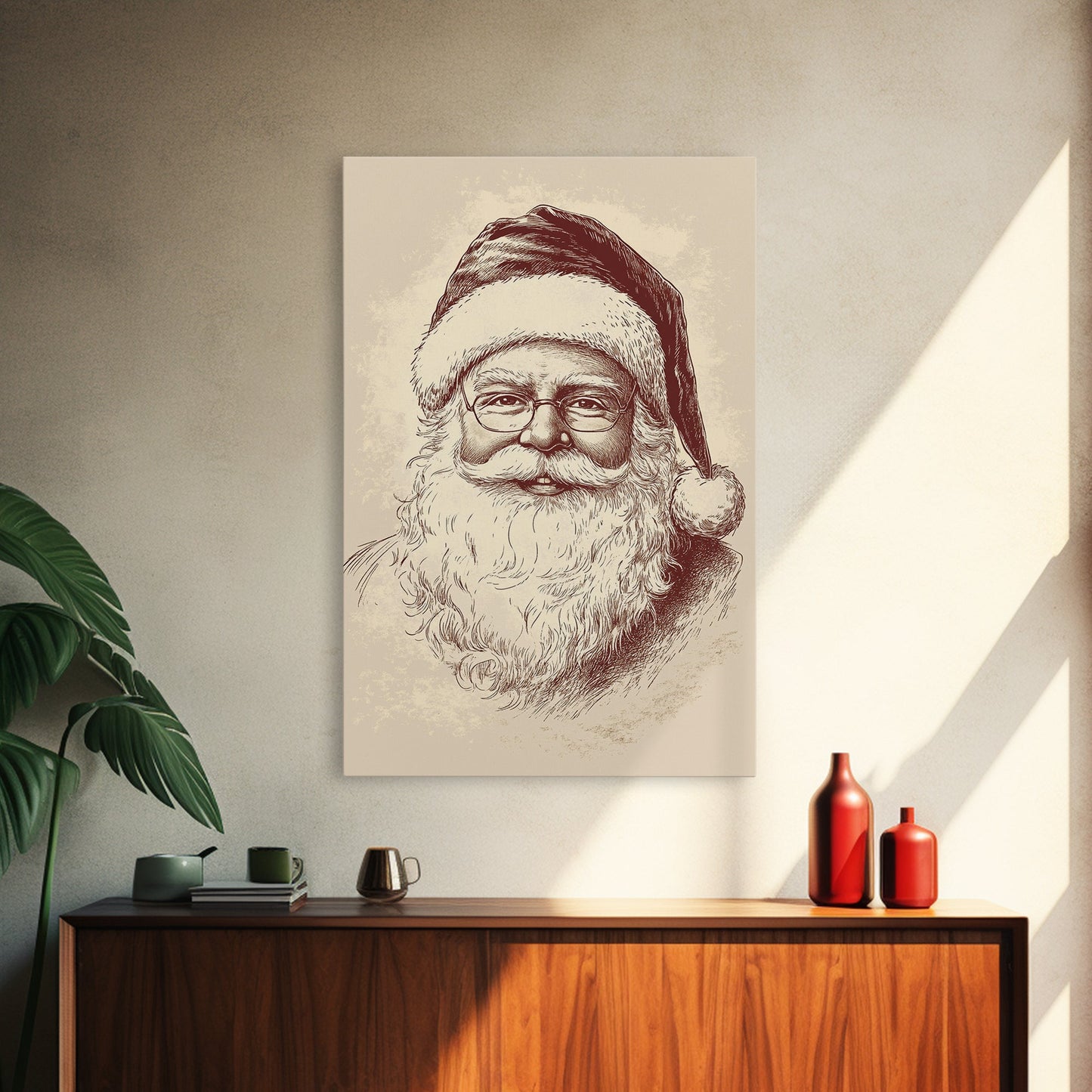 Portrait of Santa Clause Canvas Print - Framed Canvas - Minimalist Christmas Art - Boho Christmas Art - Rustic Christmas Art