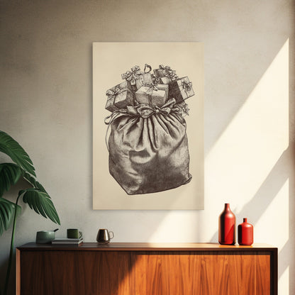 Santa's Gift Bag Canvas Print - Framed Canvas - Minimalist Christmas Art - Boho Christmas Art - Rustic Christmas Art