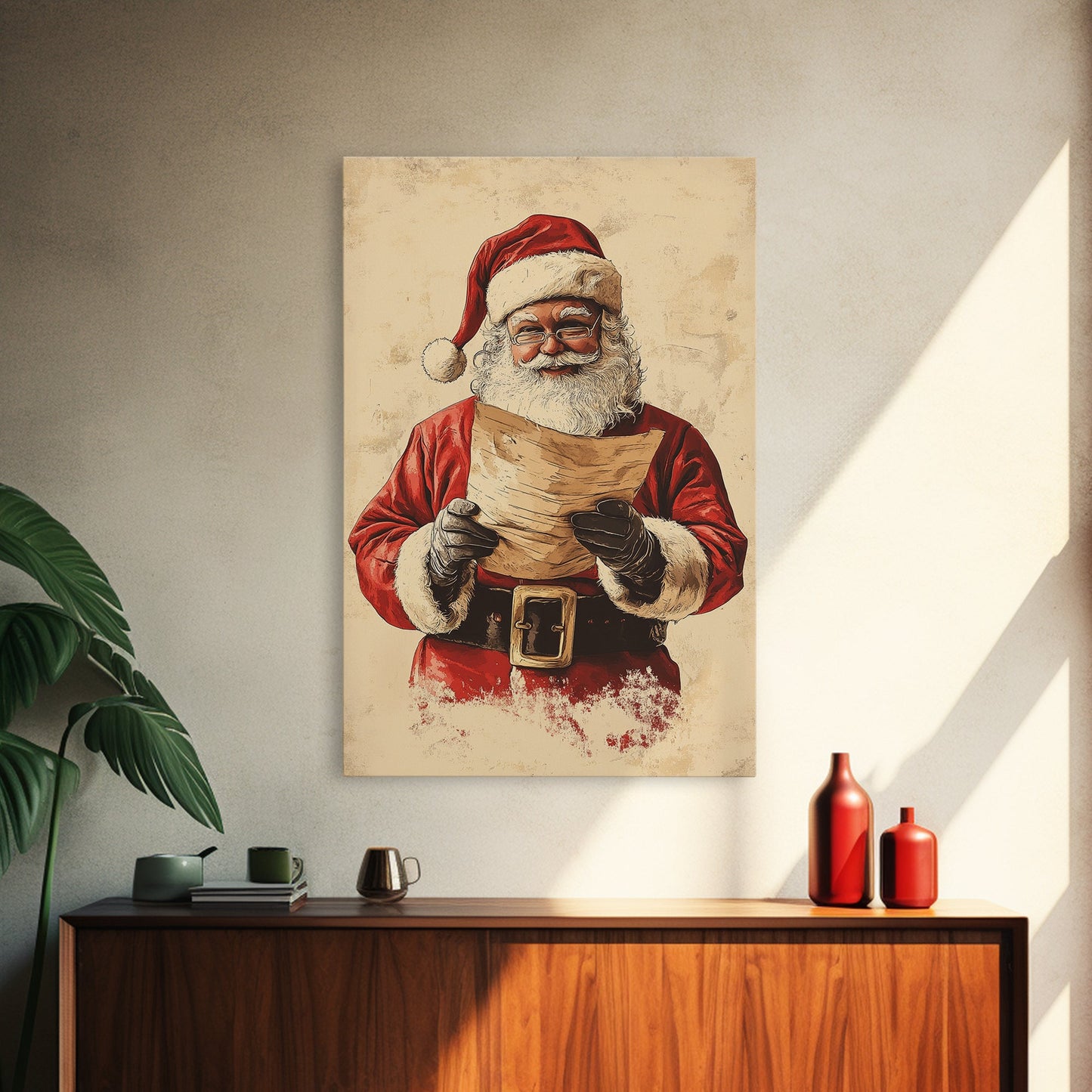 Santa Reading His List Canvas Print - Framed Canvas - Minimalist Christmas Art - Boho Christmas Art - Rustic Christmas Art