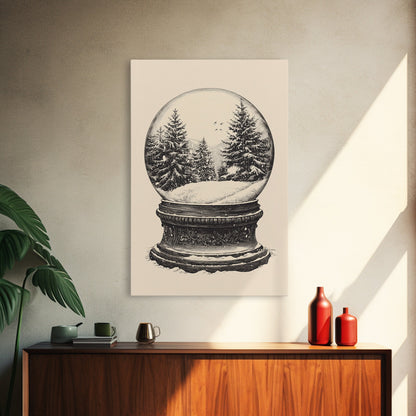 Sketch of a Christmas Snow Globe Canvas Print - Framed Canvas - Minimalist Christmas Art - Boho Christmas Art - Rustic Christmas Art