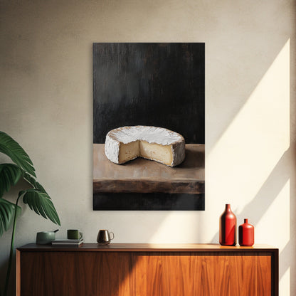 Wheel Of Cheese Painting Print, Brie Cheese Art, Cheese Painting, Cheese Still Life Oil Painting, Cheese Painting, Rustic Kitchen Decor