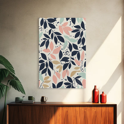 Pastel Florel and Botanical Wall Art, Mid Century Modern Leaves Art Print, Wood Frame Wall Art Canvas Print, Canvas Art, Living Room Decor