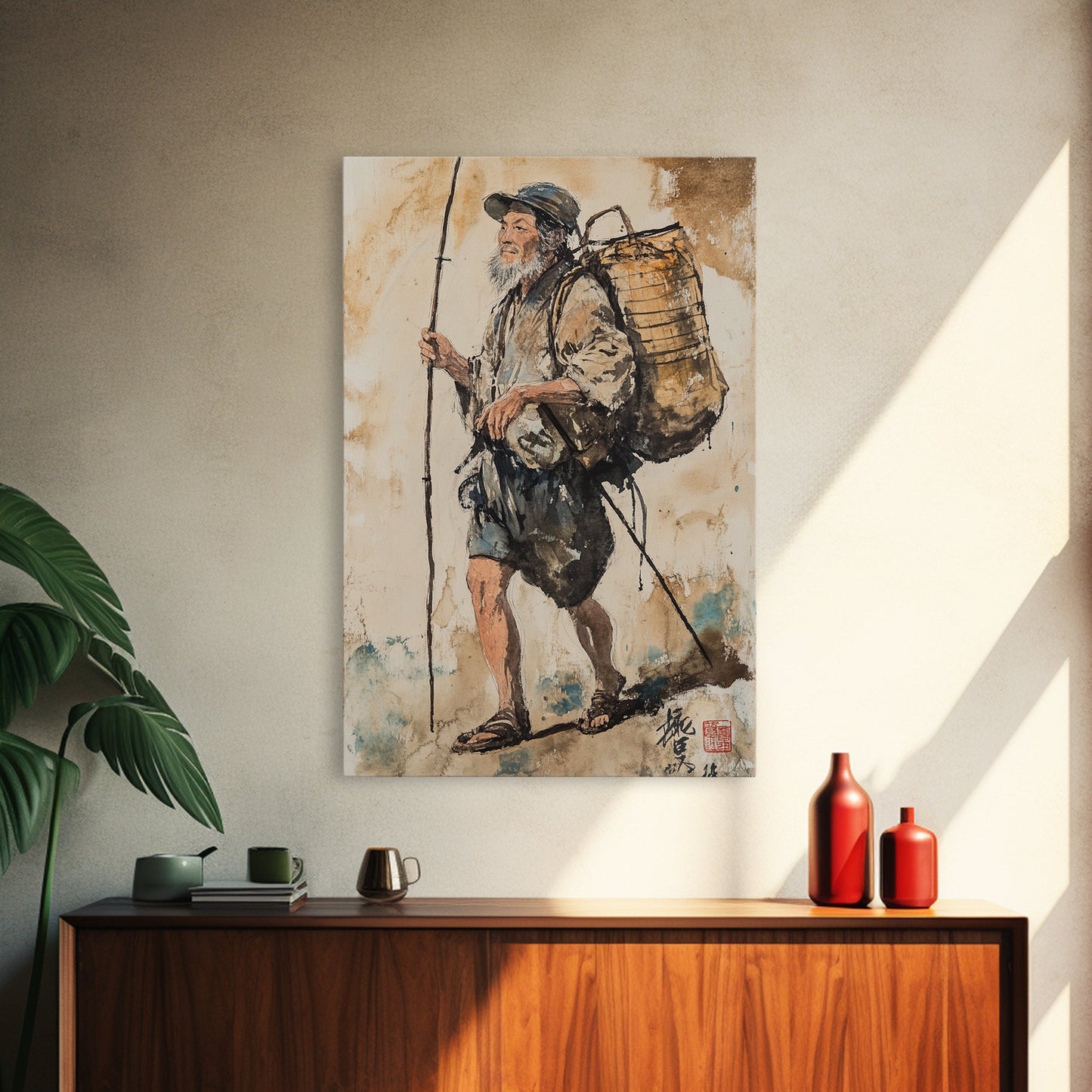 Japanese Fisherman Painting Print, Wabi Sabi Wall Art, Japanese Style Home Decor, Japanese Wood Block Print Style Art