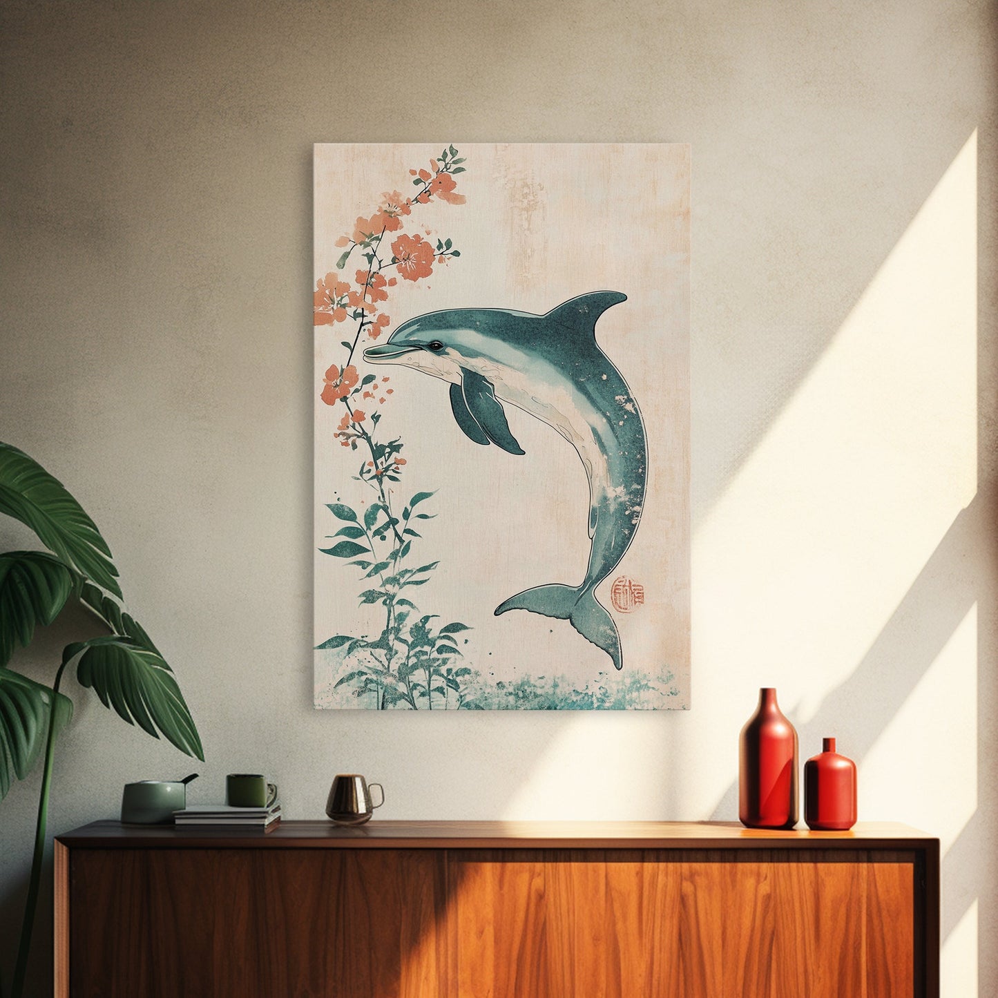 Cherry Blossoms and Dolphins, Framed Canvas Print, Home Decor, Wabi Sabi Dolphin Painting, Minimalist Decor, Living Room Art, Bedroom Art