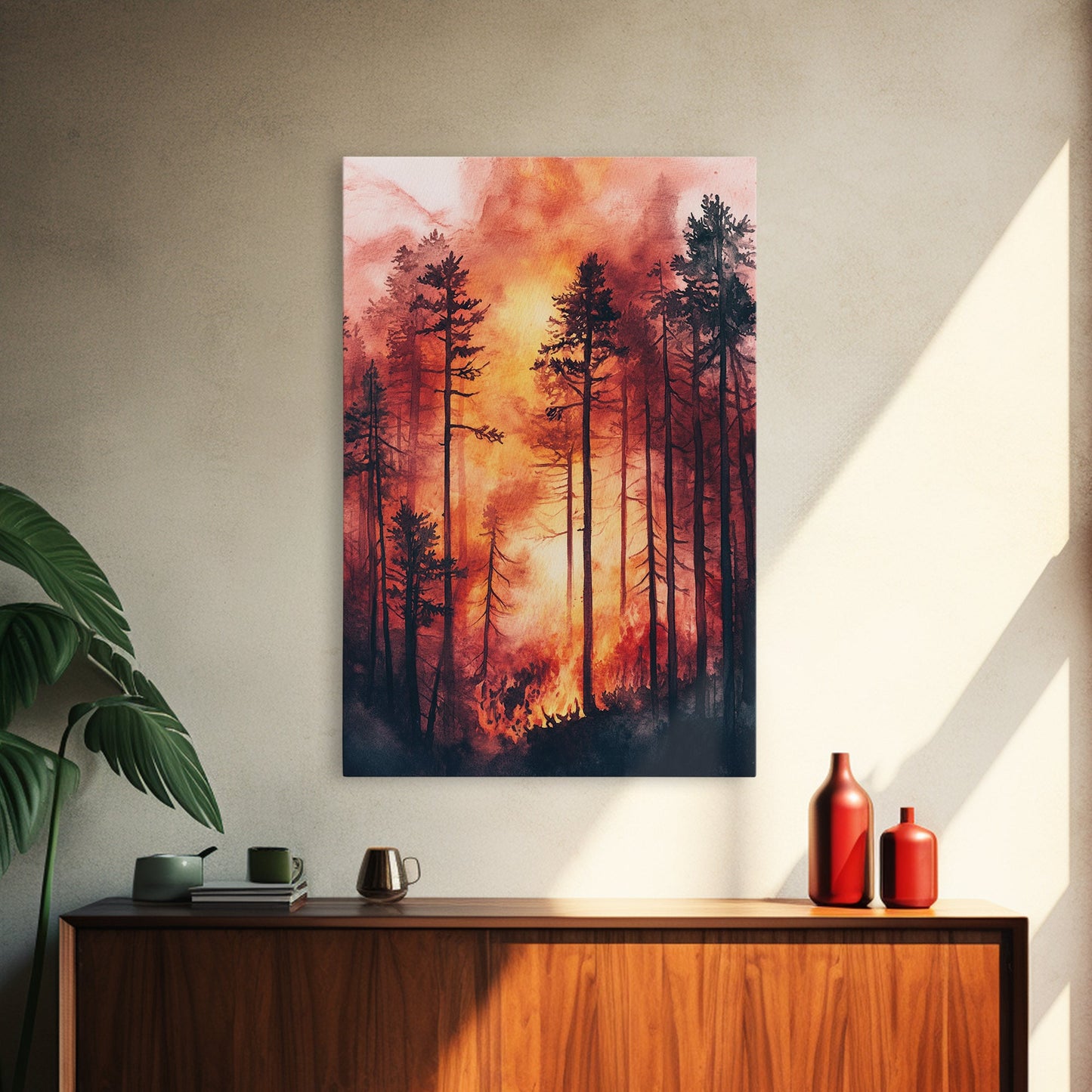 Ready to Hang Watercolor Painting Print of a Forest Fire, Beautiful Wall Art, Forest Fire Natural Disaster Wall Art, California Wall Art