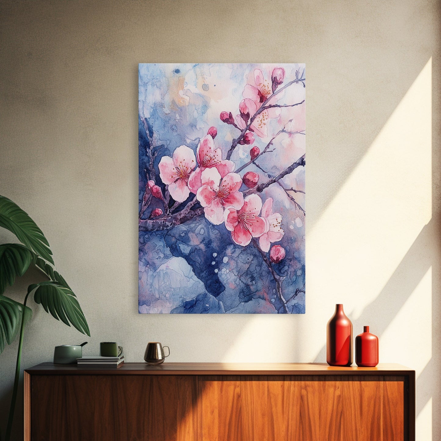 Cherry Blossoms Wall Art, Framed Canvas Print, Ready To Hang, Boho Decor, Minimalist Cherry Blossom Painting, Home Decor Living Room