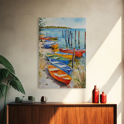 Kayaks On The Ocean Framed Canvas Print, Maine Painting, Coastal Decor, Cute Coastal Wall Art, Preppy Decor, Coastal Landscape Painting