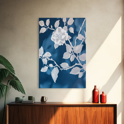 White Flowers on Blue Background Framed Canvas Print, Chinoiserie Wall Art, Boho Decor, Minimalist Wall Art, Boho Home Decor