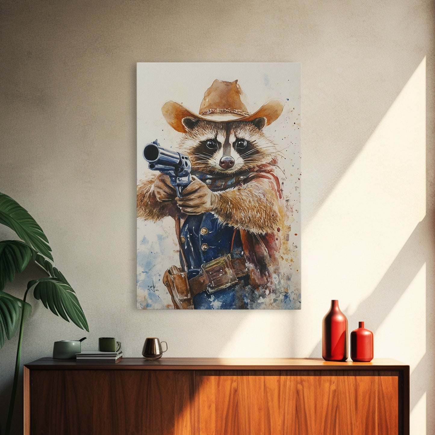 Rootin' Tootin' Racoon Cowboy, Framed Canvas Print, Ready to Hang, Racoon Painting