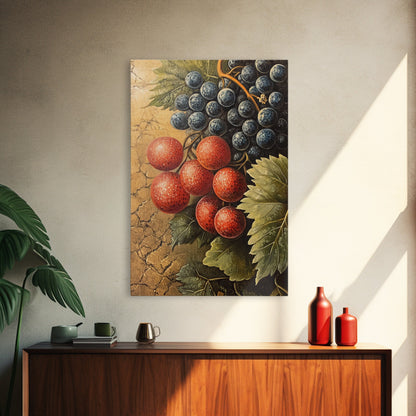 Grapes Wall Art Framed Canvas Print, Antique Fruit Still Life Oil Painting Print, Kitchen Decor, Modern Farmhouse Wall Art, Farmhouse Decor