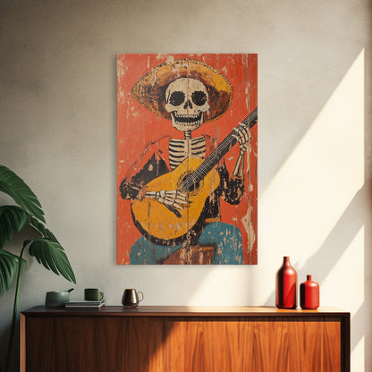 Arte Mexicano - Framed Canvas Print - Chicano Art - Skeleton Vaquero playing a guitarra, Mexican Inspired Wall Art, Southwestern Art