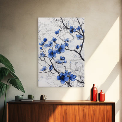 Wabi Sabi Wall Art Framed Canvas Print, Chinoiserie Wall Art, Chinoiserie Style Home Decor, Blue Flower Floral Print Wall Decor
