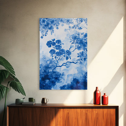 Blue Roses Chinoiserie Style Painting Print, Living Room Decor, Chinoiserie Wall Art, Chinoiserie Decor, Living Room Wall Art