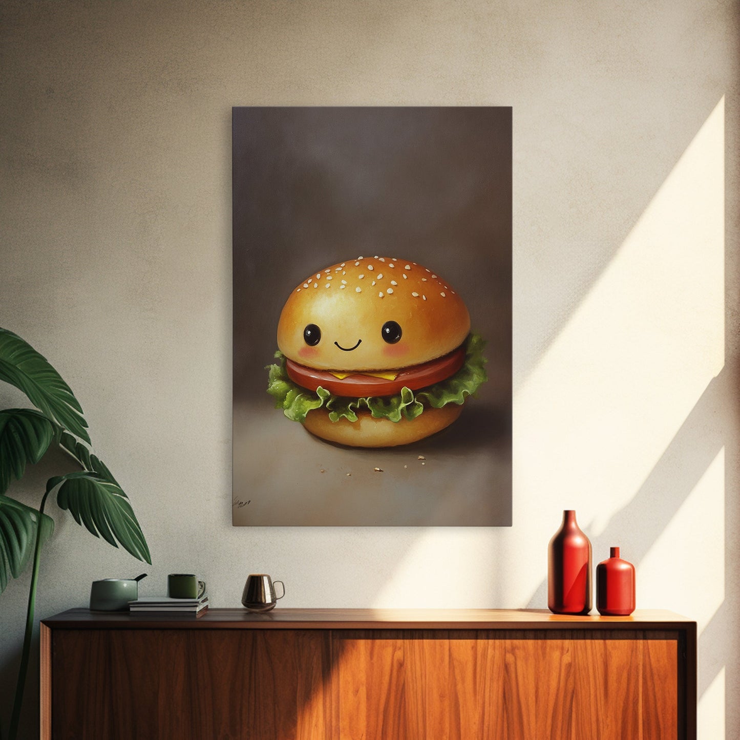 Kawaii Hamburger Canvas Print, Cute Hamburger Painting, Veggie Burger, Kawaii Wall Art, Kawaii Decor