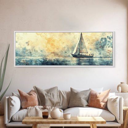 Sailboat on a Calm Sea Framed Canvas Print, Nautical Home Decor, Nautical Landscape Painting, Beach Decor, Abstract Wall Art