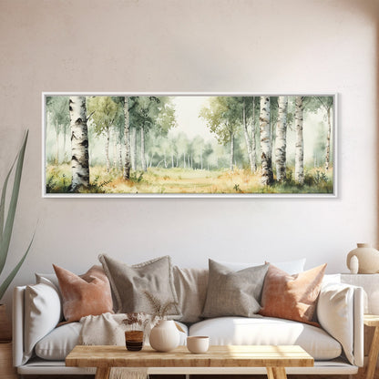 Silver Birch Trees in Spring Panoramic Canvas Print, Panoramic Painting, Aspen Trees Painting, Forest Landscape Horizontal Wall Art