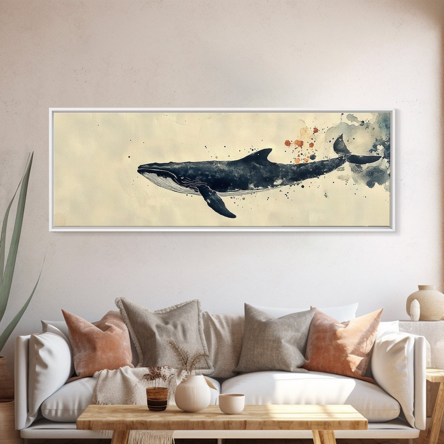 Humpback Whale Wall Art on Canvas - Framed Wall Art - Large Panoramic Gallery Wrapped Canvas Ready To Hang - Wabi Sabi Whale Print
