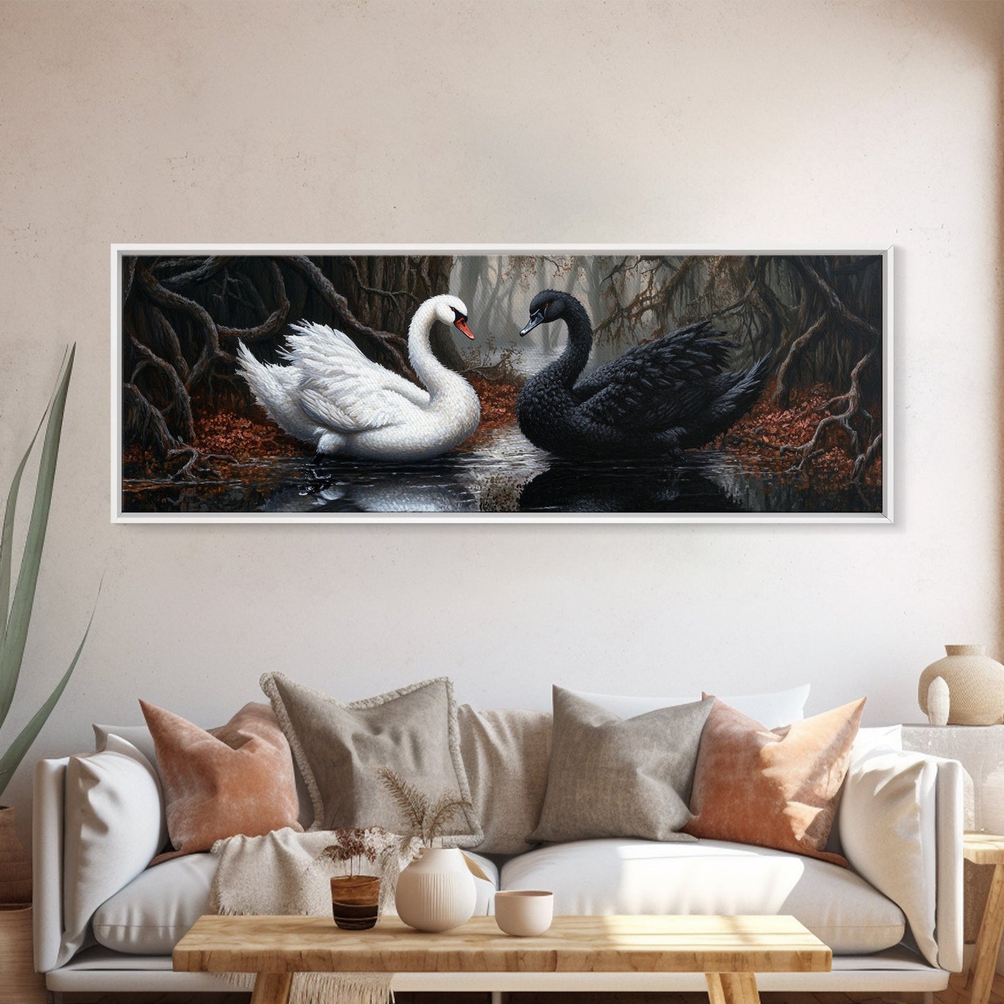 Black and White Swan Form  A Heart, Framed Canvas Print, Swan Painting, Black Swan Art, Dark Romance, Panoramic Art, Gothic Art