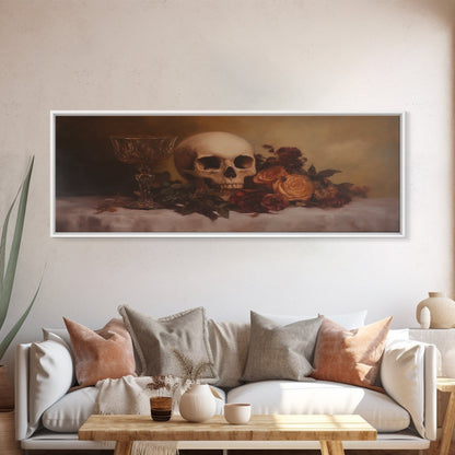 Skull and Flowers Canvas Print, Panoramic Goth Art, Extra Wide Wall Art, Goth Home Decor, Wide Art, Gothic Dark Academia Witchy Wall Art