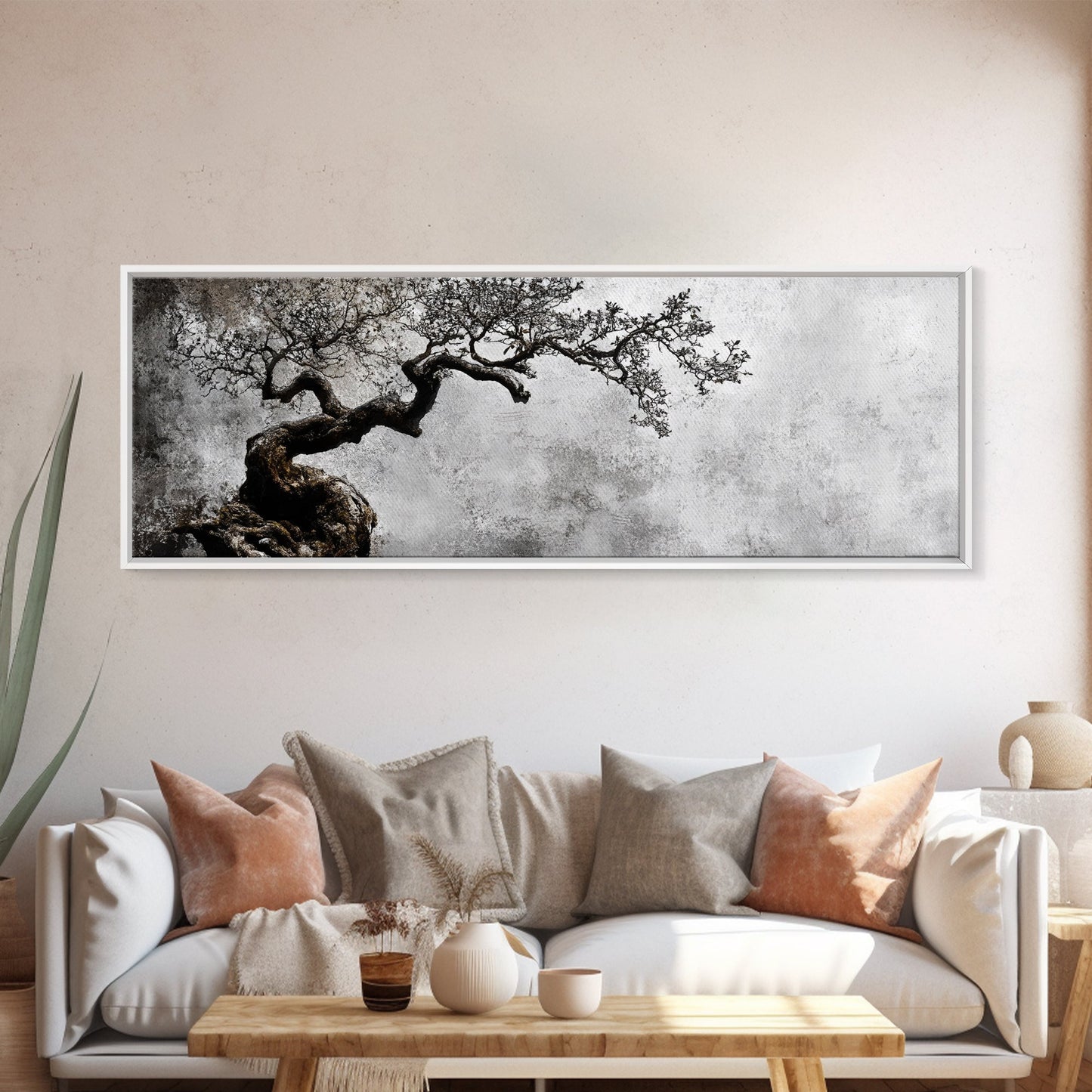 Black and White Bonzai Tree Framed Canvas Print, Wabi Sabi Japanese Style Home Decor, Minimalist Art, Moody Decor, Moody Art