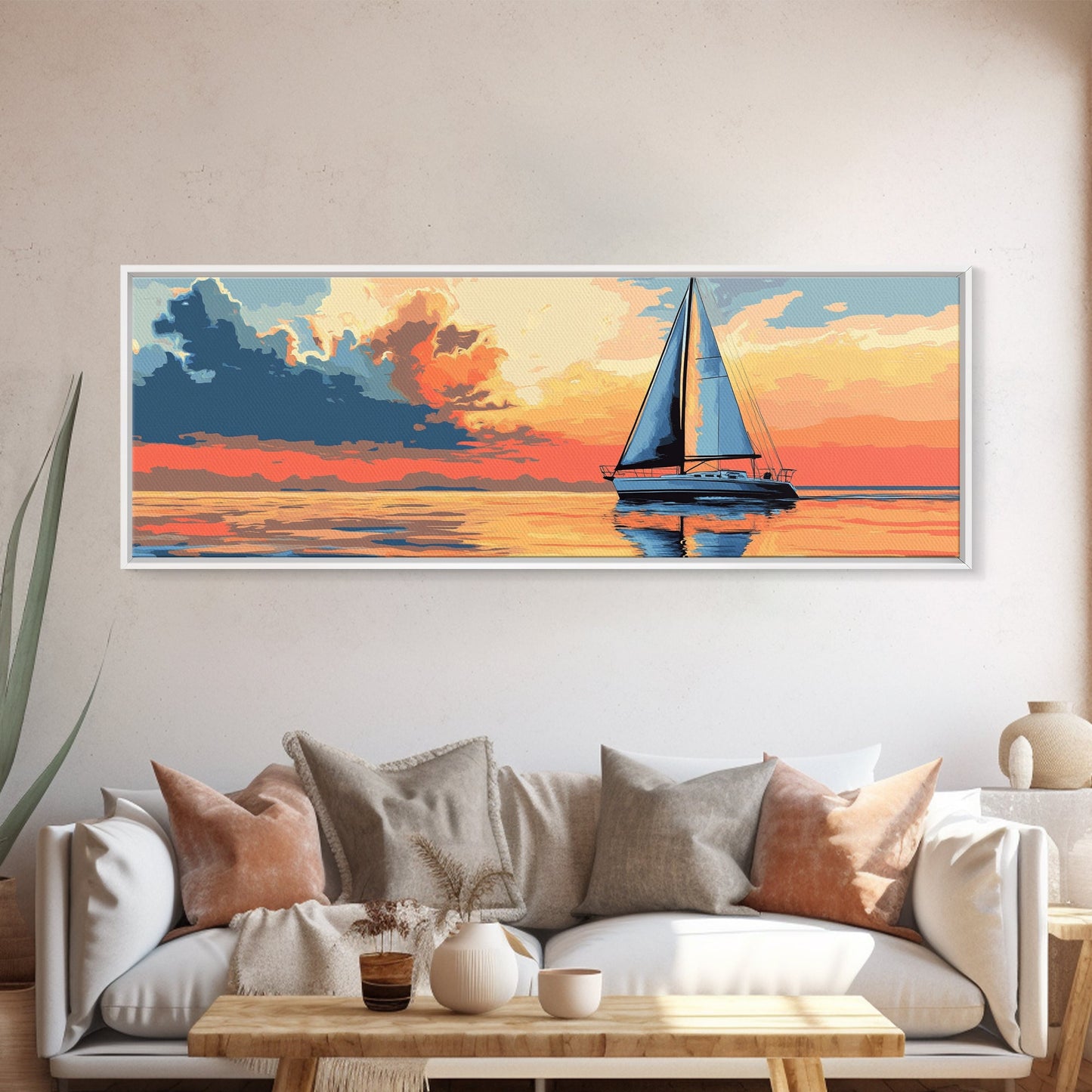Retro Sailboat Painting Print Framed Canvas - Pop Art Sailboat Painting - Sailboat Wall Art - Nautical Landscape Ocean Painting - Home Decor