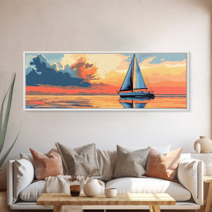 Retro Sailboat Painting Print Framed Canvas - Pop Art Sailboat Painting - Sailboat Wall Art - Nautical Landscape Ocean Painting - Home Decor