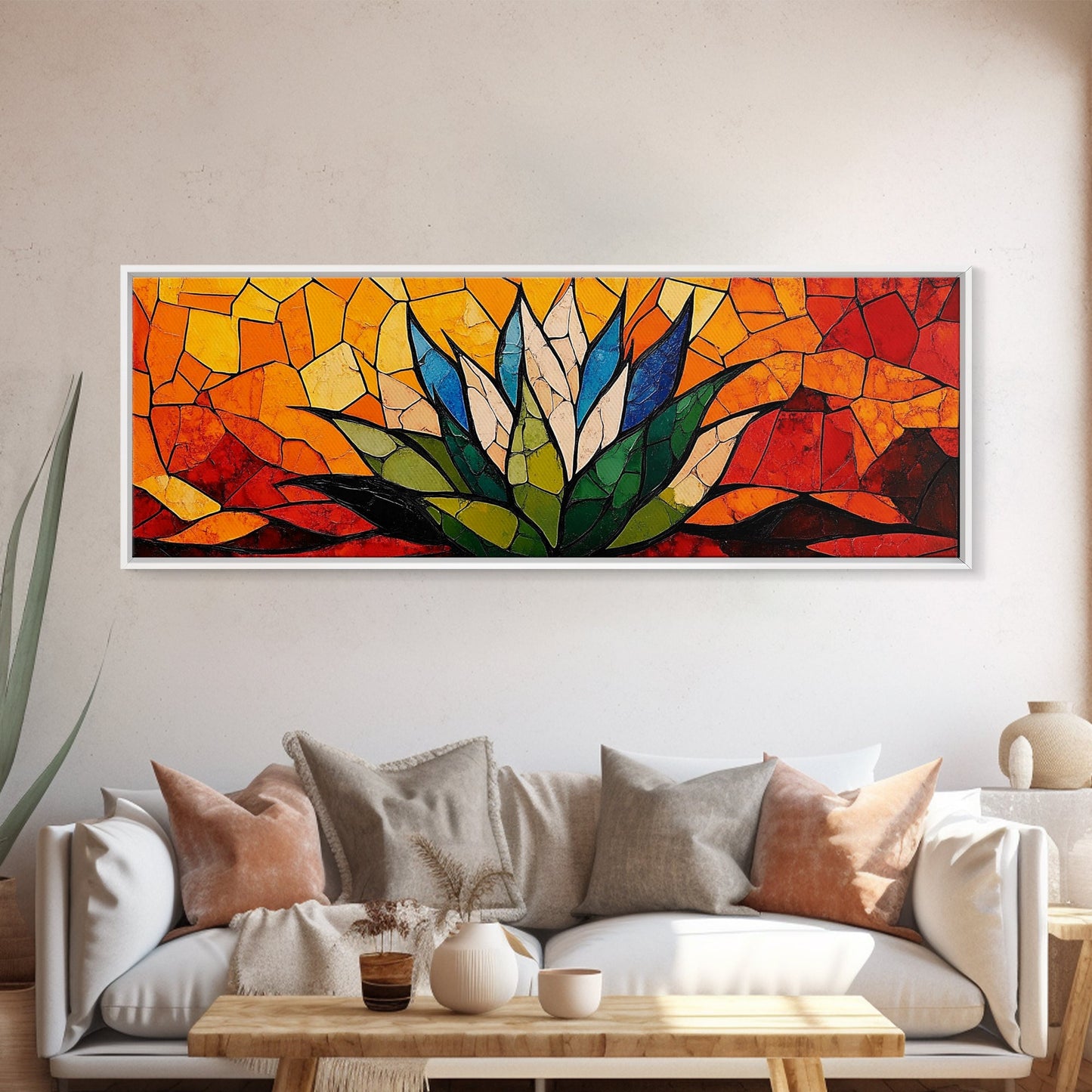 Stained Glass Style Blue Agave Wall Art Canvas Print, Mexicano Wall Art, Panoramic Southwestern Home Decor, Modern Farmhouse Rustic Art