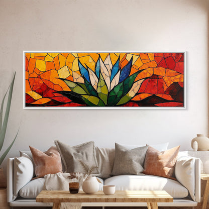 Stained Glass Style Blue Agave Wall Art Canvas Print, Mexicano Wall Art, Panoramic Southwestern Home Decor, Modern Farmhouse Rustic Art