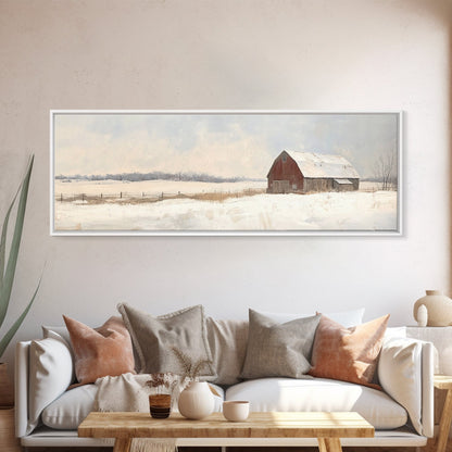 Barn Landscape Oil Painting Print - Retro Farm Wall Art - Village Wall Art - Old Red Barn In Winter - Winter Landscape - Winter Centerpiece Art
