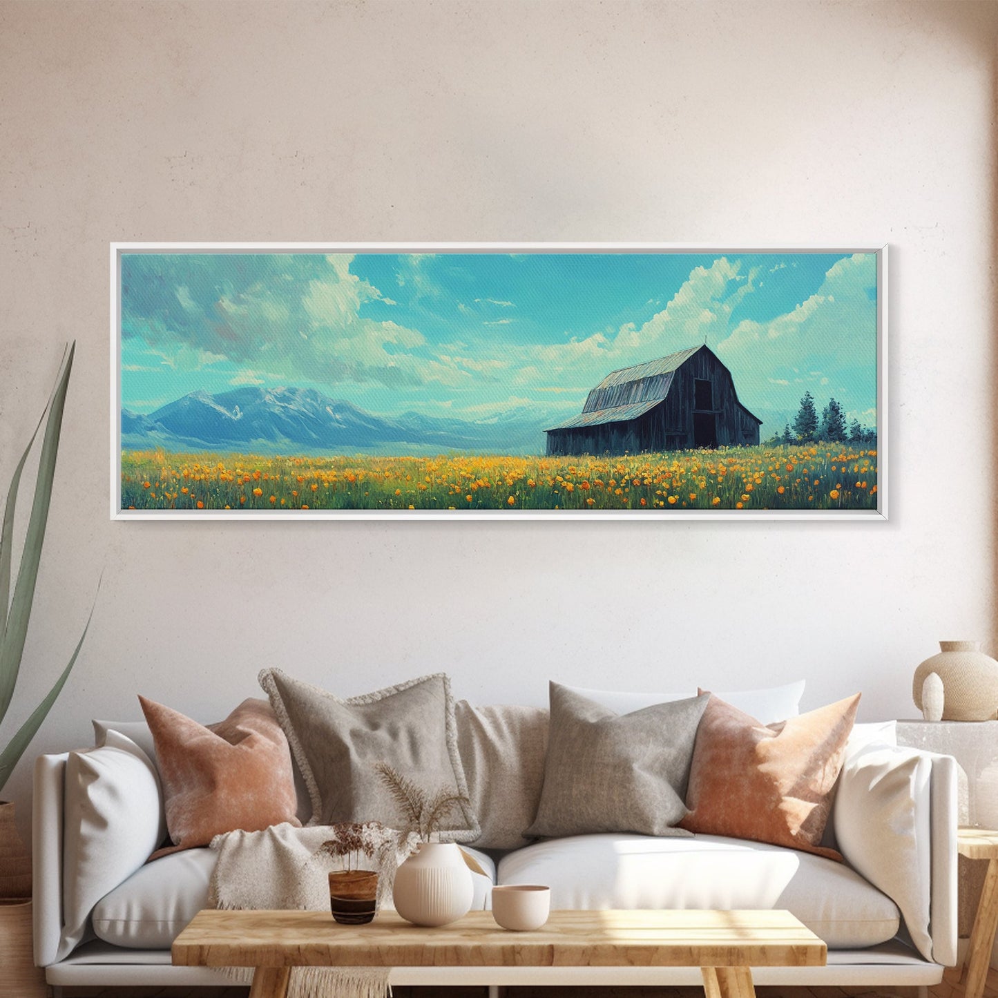 Old Barn In The Spring, Framed Canvas Print, Rustic Farmhouse Decor, Modern Farmhouse, Barn in Field of Wild Flowers, Farm House Art