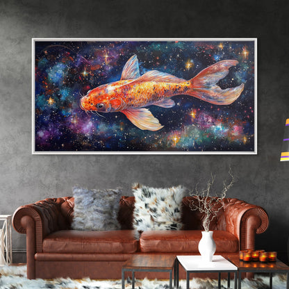 Galactic Koi Fish Framed Canvas Print, Retro Colorful Wall Art, Koi Fish Painting, Koi Wall Art, Space Art, Space Fish Painting