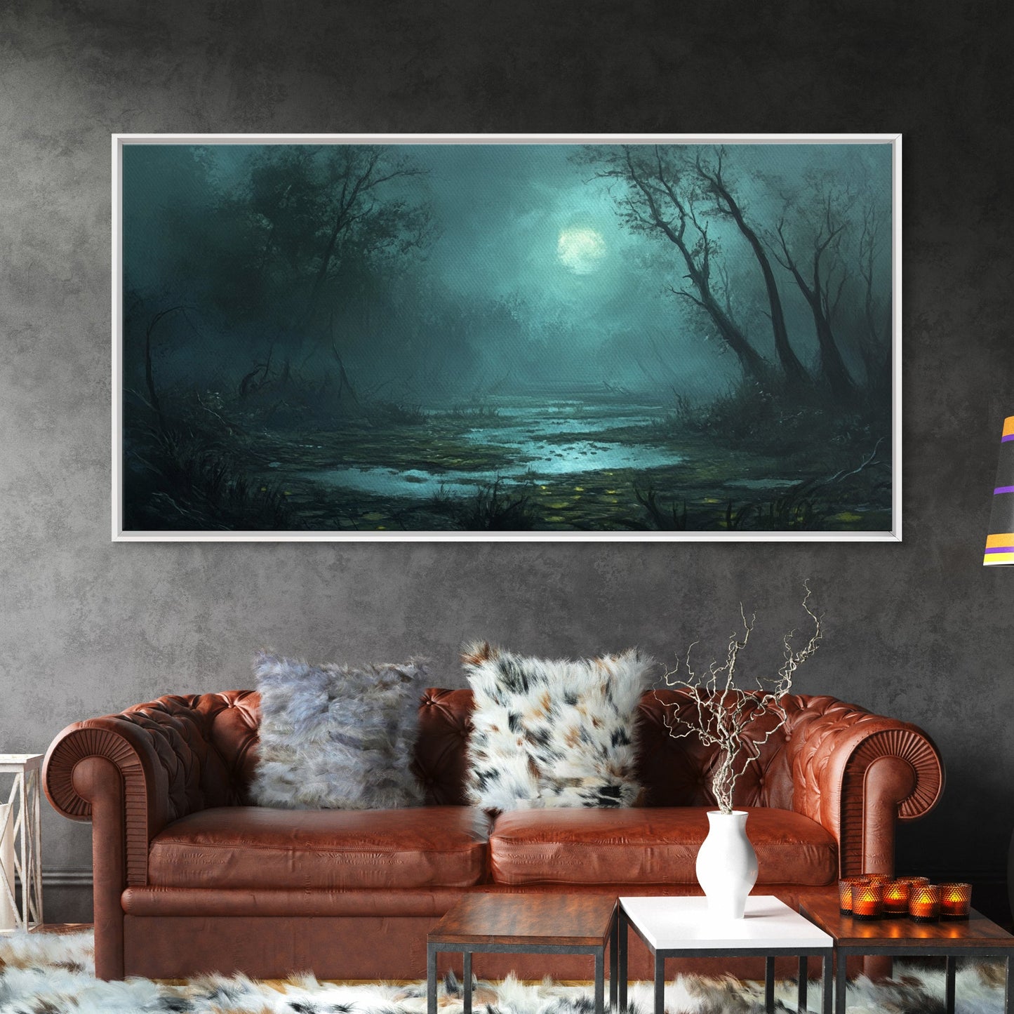 Dark and Moody Wall Art Framed Canvas Print, Oil Painting of a Swamp, Moody Landscape Wall Art